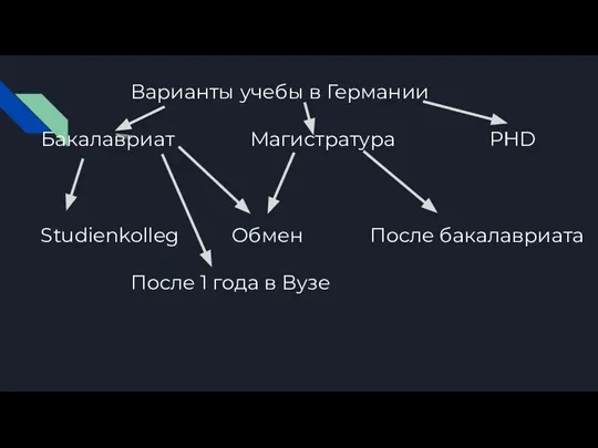 Варианты учебы в Германии Бакалавриат Магистратура PHD Studienkolleg Обмен После бакалавриата После 1 года в Вузе