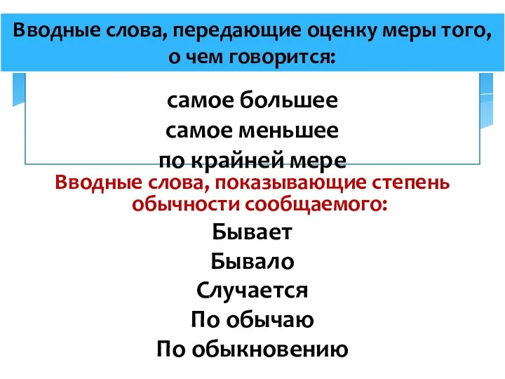 самое большее самое меньшее по крайней мере Вводные слова, показывающие степень обычности