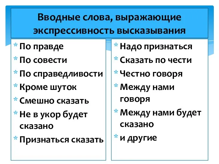 Вводные слова, выражающие экспрессивность высказывания По правде По совести По справедливости Кроме