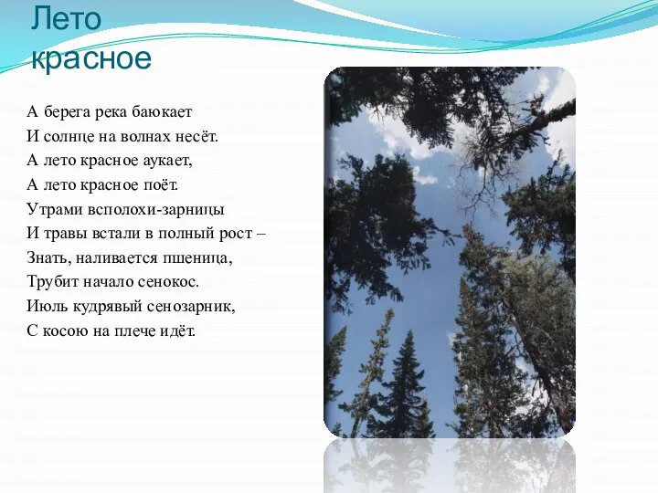 Лето красное А берега река баюкает И солнце на волнах несёт. А