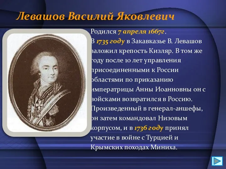 Левашов Василий Яковлевич Родился 7 апреля 1667г. В 1735 году в Закавказье