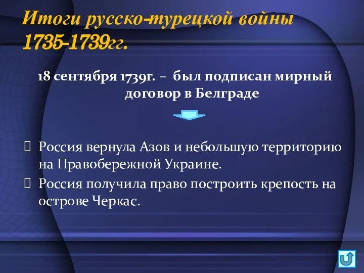 Итоги русско-турецкой войны 1735-1739гг. 18 сентября 1739г. – был подписан мирный договор