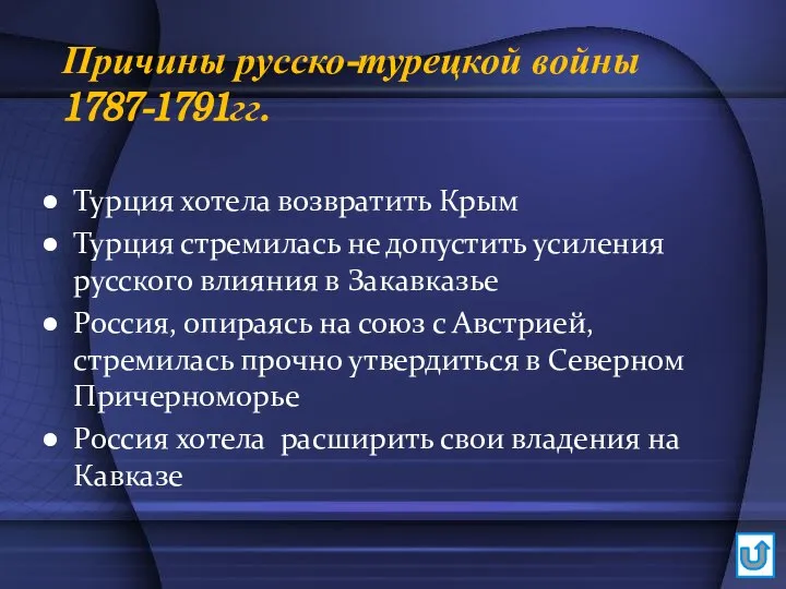 Причины русско-турецкой войны 1787-1791гг. Турция хотела возвратить Крым Турция стремилась не допустить