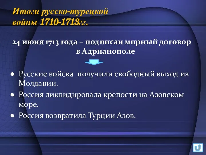 Итоги русско-турецкой войны 1710-1713гг. 24 июня 1713 года – подписан мирный договор