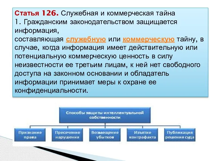 Статья 126. Служебная и коммерческая тайна 1. Гражданским законодательством защищается информация, составляющая