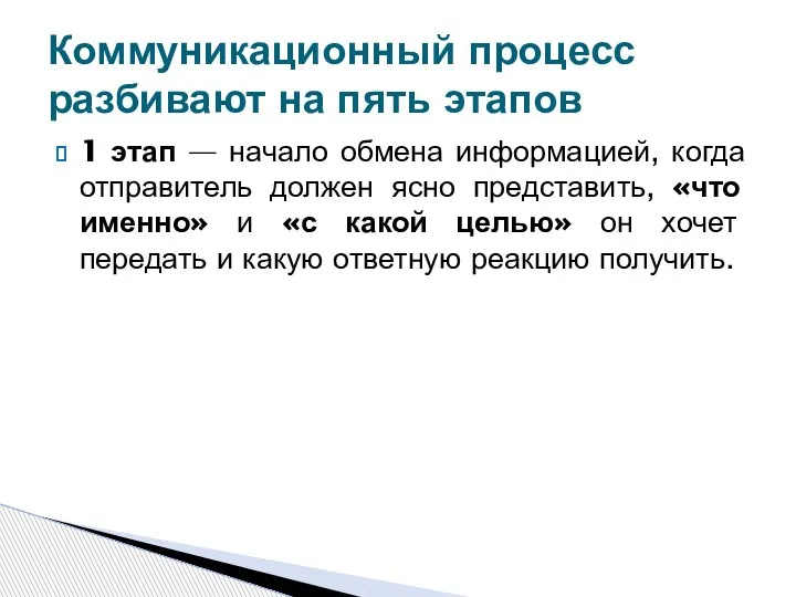 1 этап — начало обмена информацией, когда отправитель должен ясно представить, «что