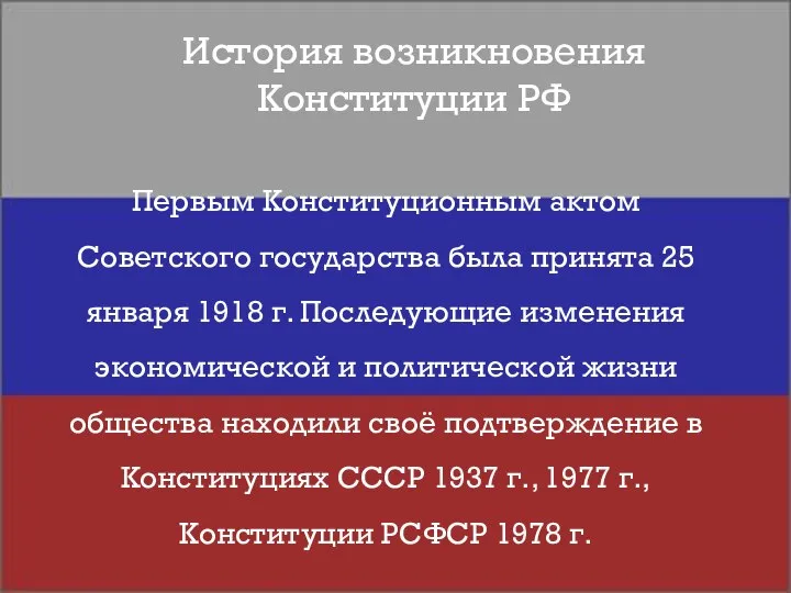 История возникновения Конституции РФ Первым Конституционным актом Советского государства была принята 25