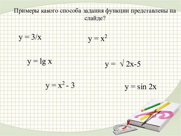 у = 3/х у = х2 Примеры какого способа задания функции представлены