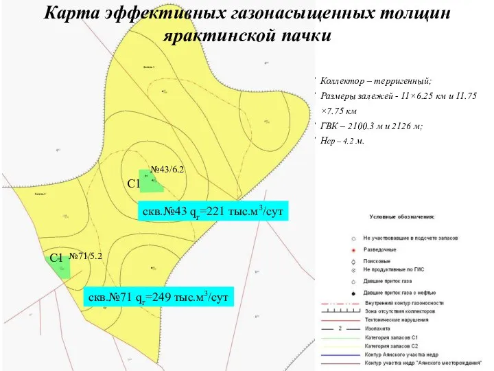 Коллектор – терригенный; Размеры залежей - 11×6.25 км и 11.75×7.75 км ГВК