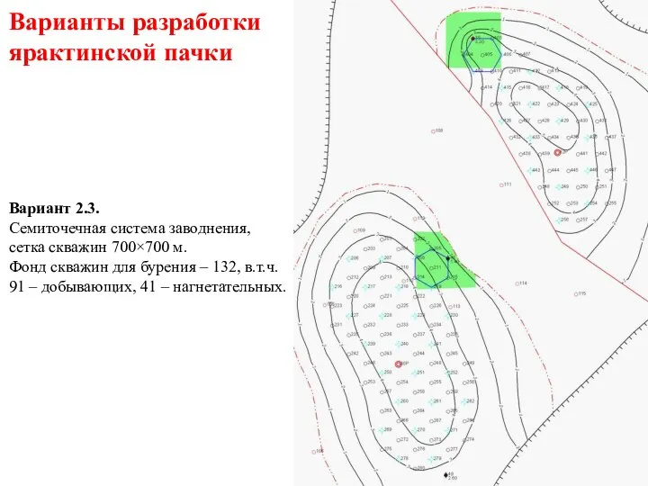 Вариант 2.3. Семиточечная система заводнения, сетка скважин 700×700 м. Фонд скважин для