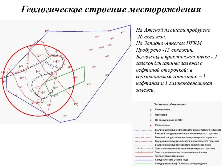 Геологическое строение месторождения На Аянской площади пробурено 26 скважин. На Западно-Аянском НГКМ