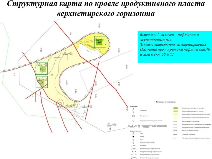 Структурная карта по кровле продуктивного пласта верхнетирского горизонта Выявлено 2 залежи –