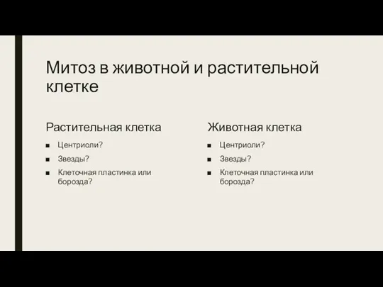 Митоз в животной и растительной клетке Растительная клетка Центриоли? Звезды? Клеточная пластинка