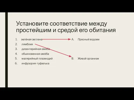 Установите соответствие между простейшим и средой его обитания зелёная эвглена лямблия дизентерийная