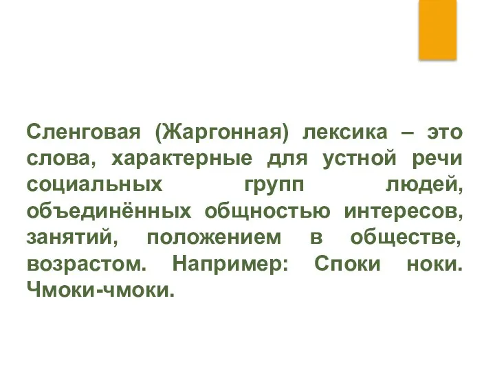 Сленговая (Жаргонная) лексика – это слова, характерные для устной речи социальных групп