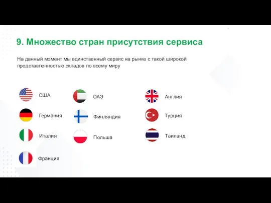 9. Множество стран присутствия сервиса На данный момент мы единственный сервис на