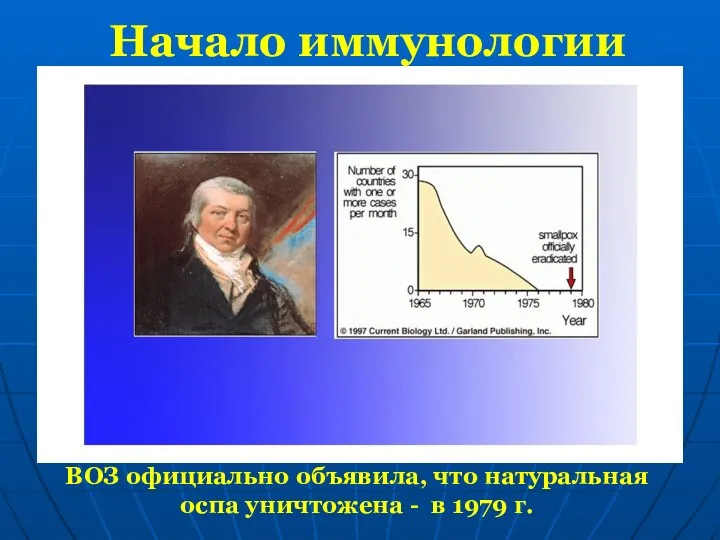 Начало иммунологии ВОЗ официально объявила, что натуральная оспа уничтожена - в 1979 г.