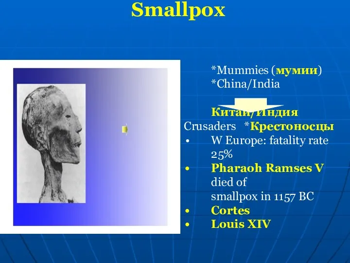 Smallpox *Mummies (мумии) *China/India Китай/Индия Crusaders *Крестоносцы W Europe: fatality rate 25%