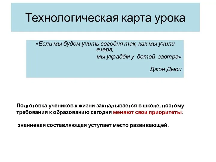 Технологическая карта урока «Если мы будем учить сегодня так, как мы учили