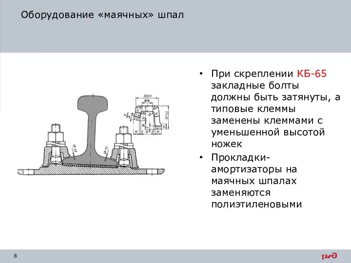 Оборудование «маячных» шпал При скреплении КБ-65 закладные болты должны быть затянуты, а