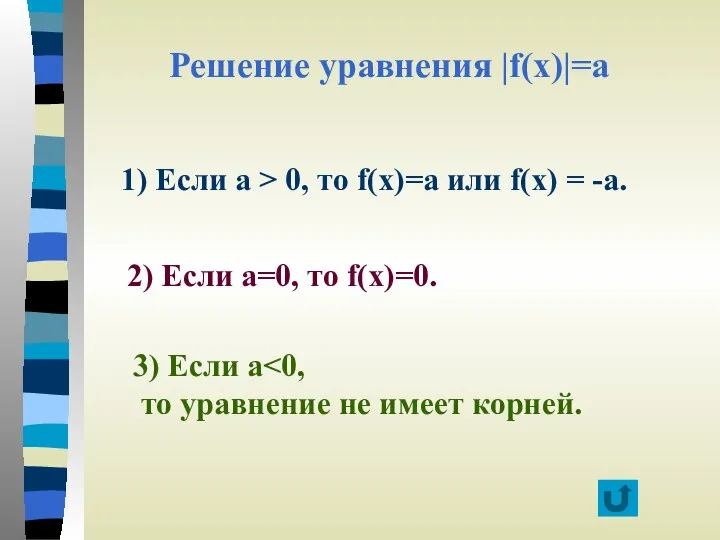 Решение уравнения |f(x)|=a 1) Если а > 0, то f(x)=a или f(x)