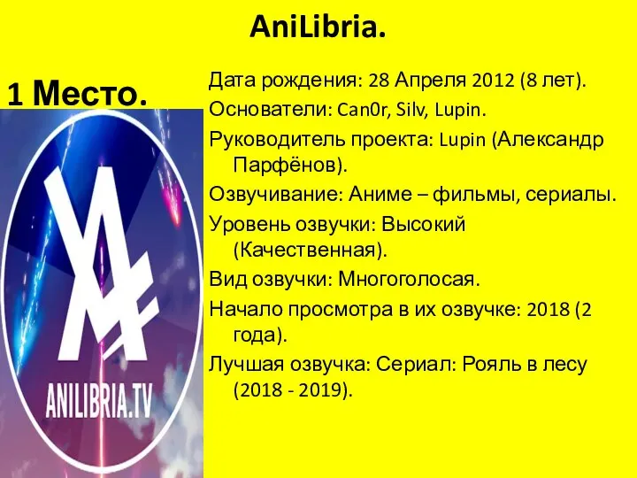 AniLibria. 10 Место. Дата рождения: 28 Апреля 2012 (8 лет). Основатели: Can0r,