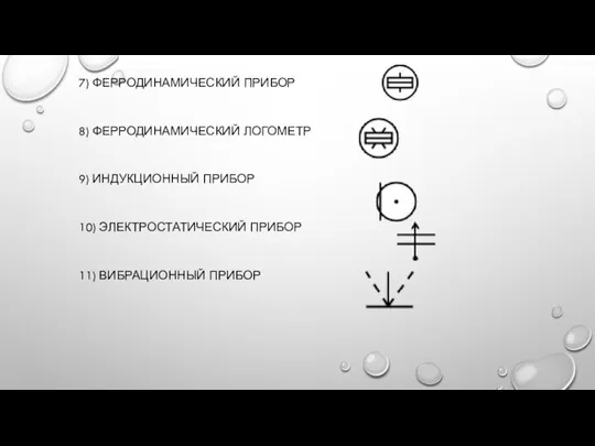 7) ФЕРРОДИНАМИЧЕСКИЙ ПРИБОР 8) ФЕРРОДИНАМИЧЕСКИЙ ЛОГОМЕТР 9) ИНДУКЦИОННЫЙ ПРИБОР 10) ЭЛЕКТРОСТАТИЧЕСКИЙ ПРИБОР 11) ВИБРАЦИОННЫЙ ПРИБОР