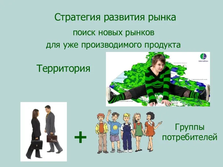 Стратегия развития рынка поиск новых рынков для уже производимого продукта + Территория Группы потребителей