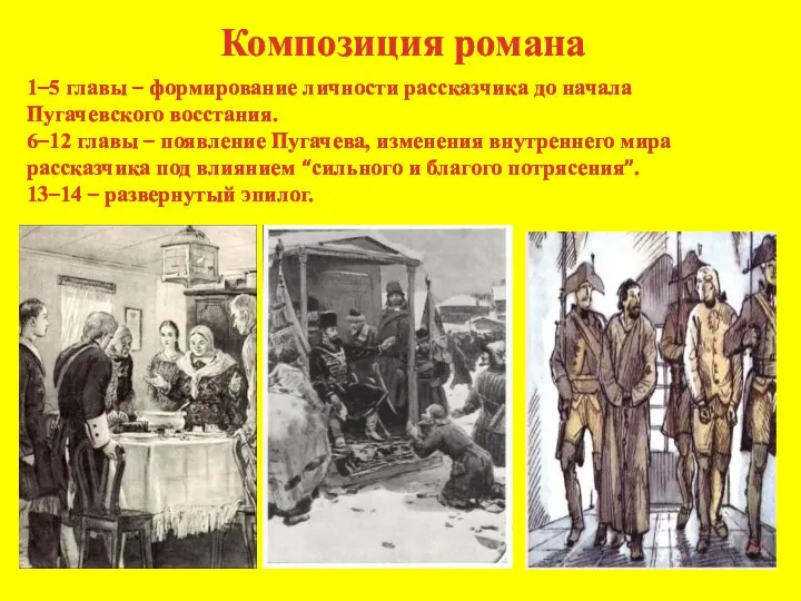 1–5 главы – формирование личности рассказчика до начала Пугачевского восстания. 6–12 главы
