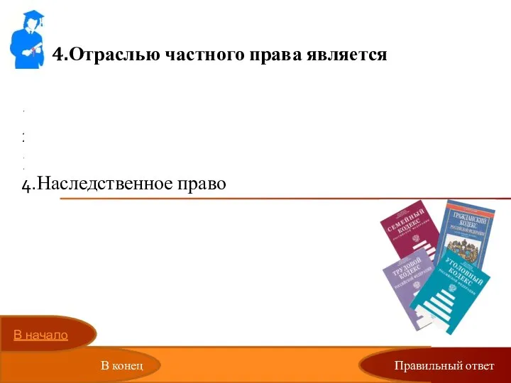 4.Отраслью частного права является Избирательное право Экологическое право Финансовое право Наследственное право