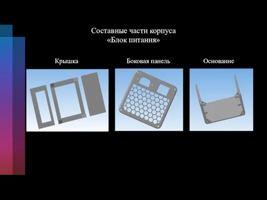 Составные части корпуса «Блок питания» Крышка Основание Боковая панель