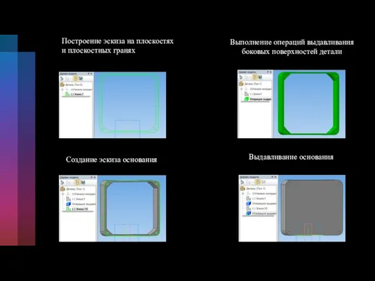 Построение эскиза на плоскостях и плоскостных гранях Выполнение операций выдавливания боковых поверхностей