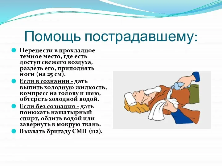 Помощь пострадавшему: Перенести в прохладное темное место, где есть доступ свежего воздуха,