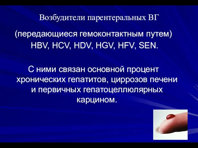 Возбудители парентеральных ВГ (передающиеся гемоконтактным путем) HВV, HCV, HDV, HGV, HFV, SEN.