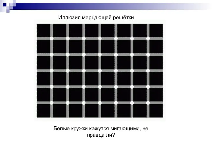 Иллюзия мерцающей решётки Белые кружки кажутся мигающими, не правда ли?