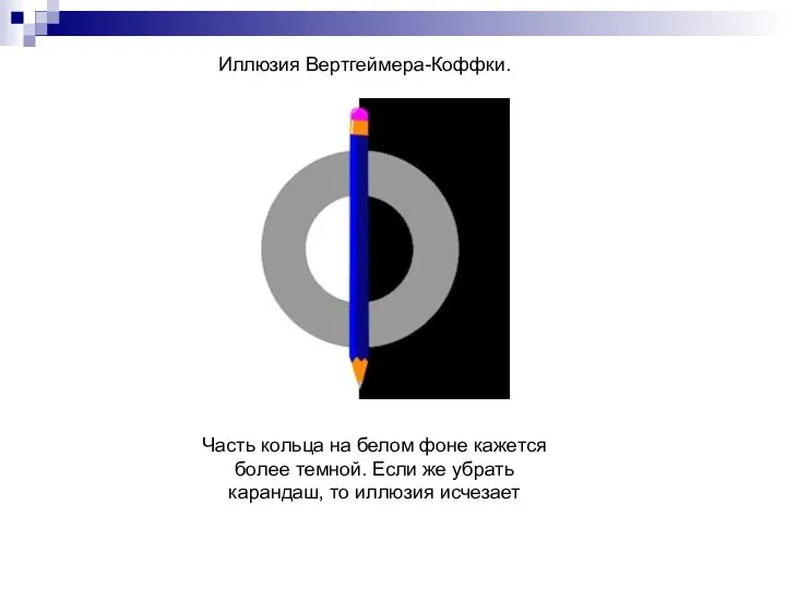 Иллюзия Вертгеймера-Коффки. Часть кольца на белом фоне кажется более темной. Если же