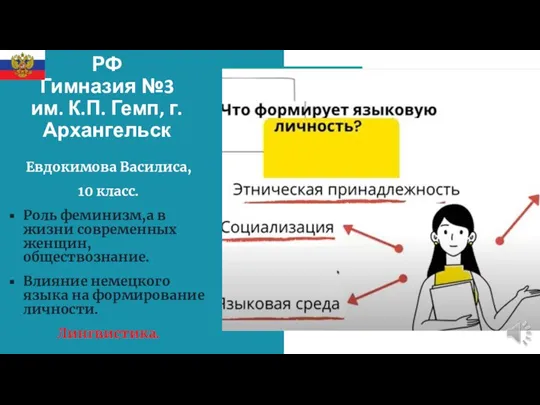 РФ Гимназия №3 им. К.П. Гемп, г.Архангельск Евдокимова Василиса, 10 класс. Роль