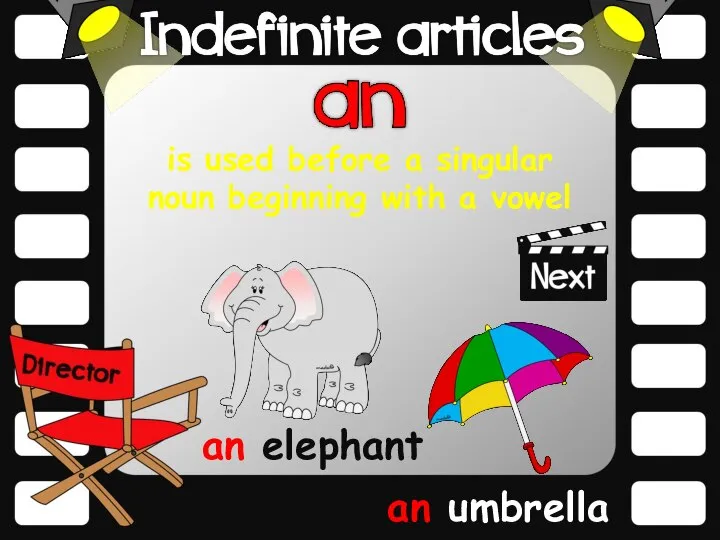 is used before a singular noun beginning with a vowel an elephant an umbrella