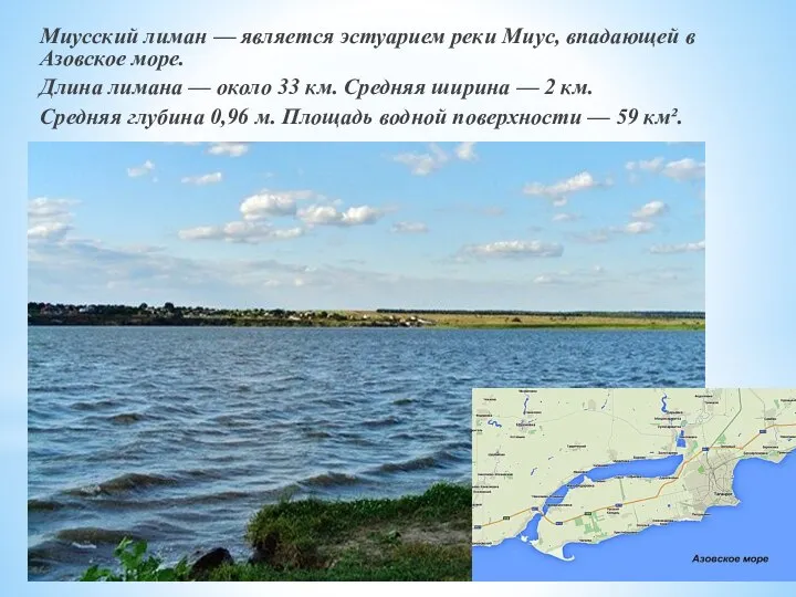 Миусский лиман — является эстуарием реки Миус, впадающей в Азовское море. Длина