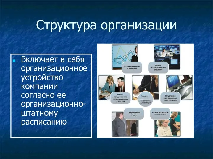 Структура организации Включает в себя организационное устройство компании согласно ее организационно-штатному расписанию