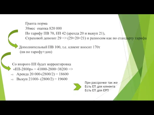 Гранта норма 38мес оценка 820 000 По тарифу ПВ 70, ЕП 42