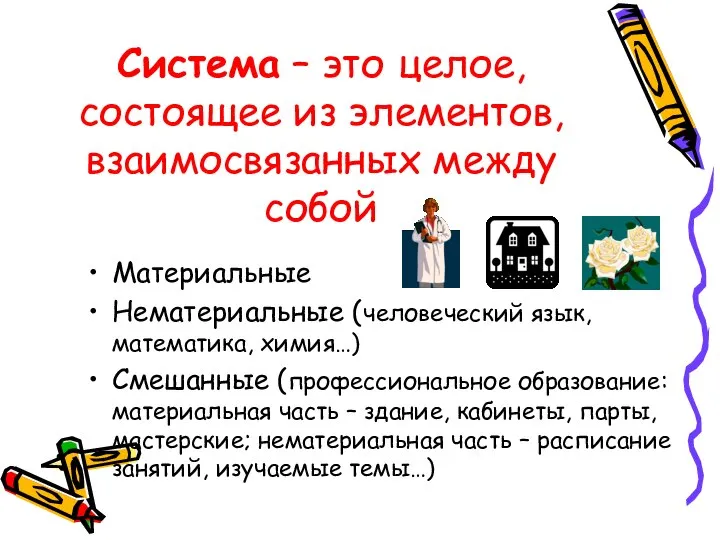 Система – это целое, состоящее из элементов, взаимосвязанных между собой Материальные Нематериальные