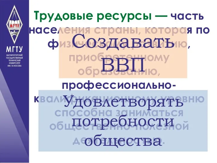 Трудовые ресурсы — часть населения страны, которая по физическому развитию, приобретенному образованию,