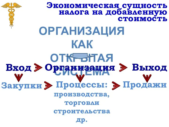 Экономическая сущность налога на добавленную стоимость ОРГАНИЗАЦИЯ КАК ОТКРЫТАЯ СИСТЕМА Вход Организация