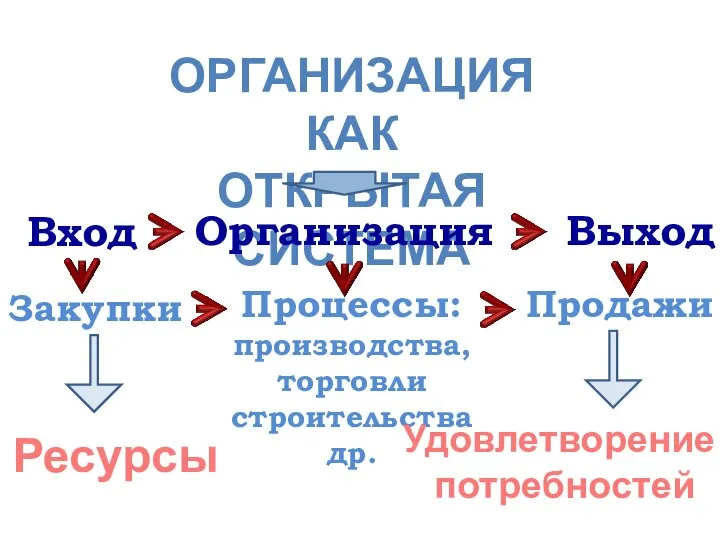 ОРГАНИЗАЦИЯ КАК ОТКРЫТАЯ СИСТЕМА Вход Организация Выход Закупки Процессы: производства, торговли строительства