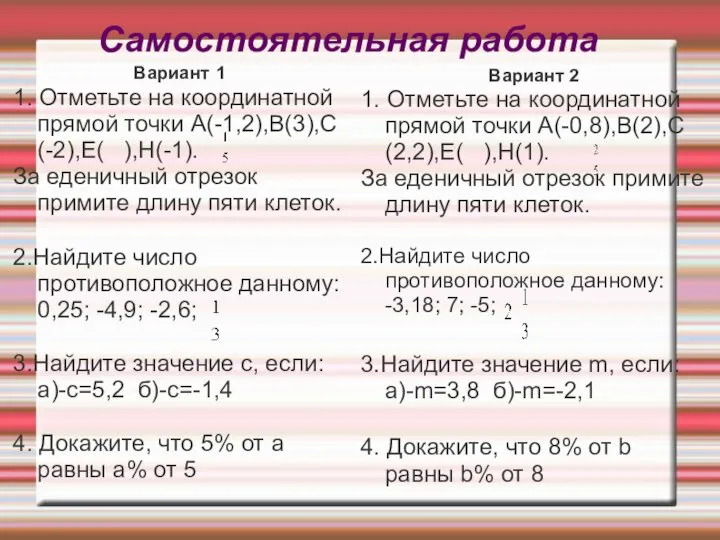 Самостоятельная работа Вариант 1 1. Отметьте на координатной прямой точки А(-1,2),В(3),С(-2),Е( ),Н(-1).