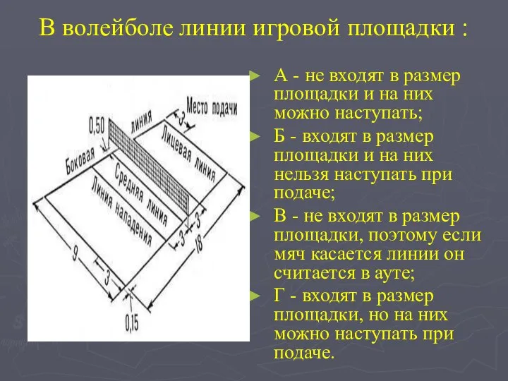 В волейболе линии игровой площадки : А - не входят в размер