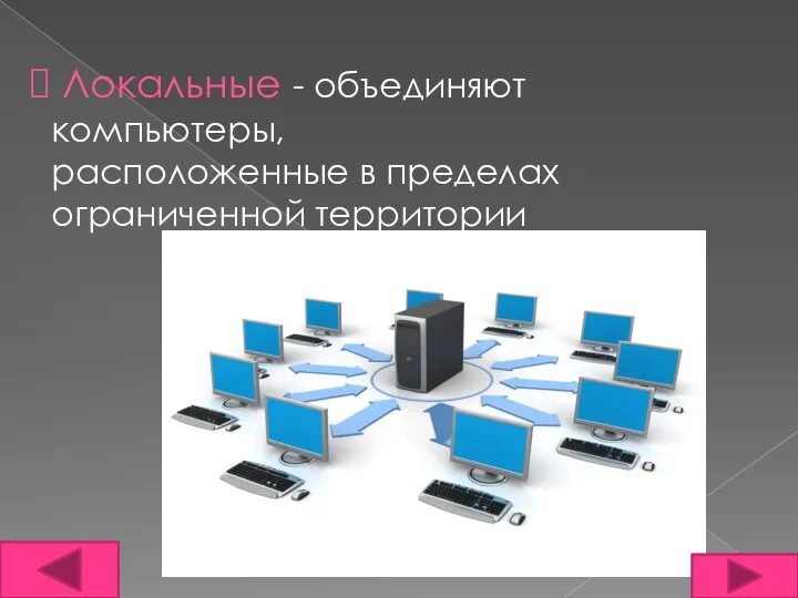 Локальные - объединяют компьютеры, расположенные в пределах ограниченной территории