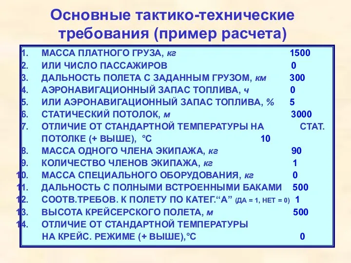 Основные тактико-технические требования (пример расчета) МАССА ПЛАТНОГО ГРУЗА, кг 1500 ИЛИ ЧИСЛО