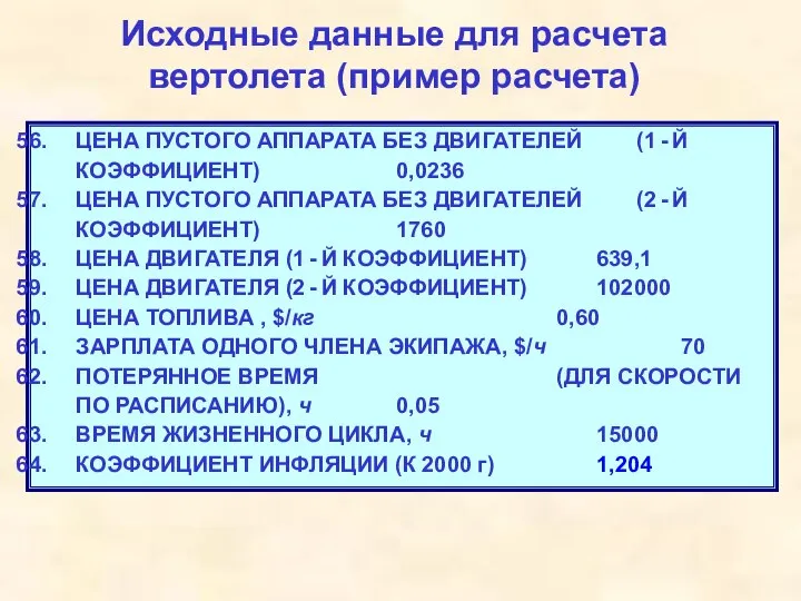 Исходные данные для расчета вертолета (пример расчета) ЦЕНА ПУСТОГО АППАРАТА БЕЗ ДВИГАТЕЛЕЙ